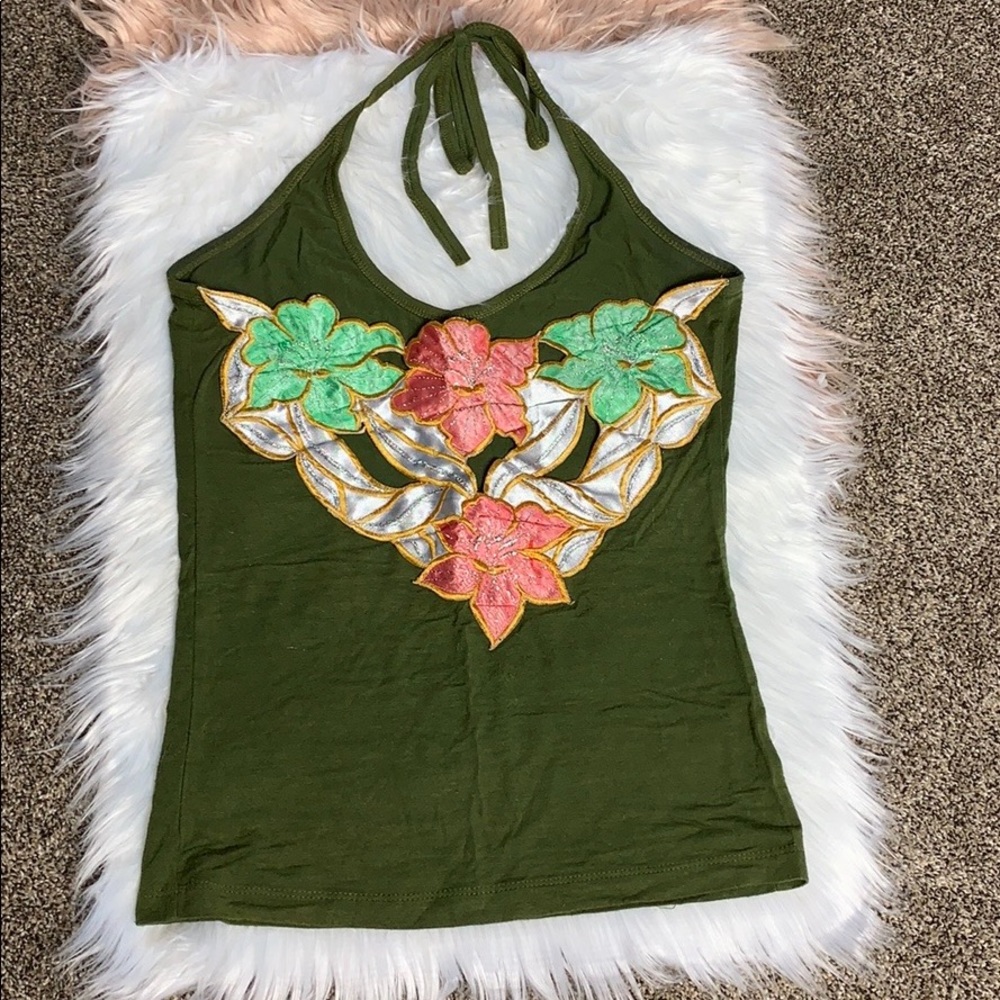 Green Floral Halter Top Womens Size S/M